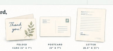 PatientScript folded card, postcard, and letter formats shown together.