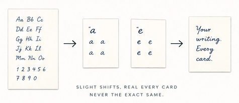 A handwriting sample being transformed into reusable letterforms and a finished card.