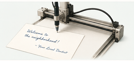 A pen plotter drawing a handwritten welcome card with a real pen.